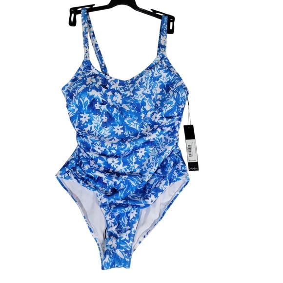 NICOLE MILLER Swimsuit Flattering‎ Ruched Tropical blue floral botanical Small - Picture 4 of 14